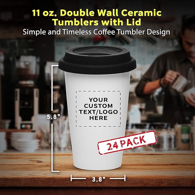 Personalized 11 oz. Double Wall Ceramic Tumblers with Lid - 24 Pack - Custom Text, Logo - Black