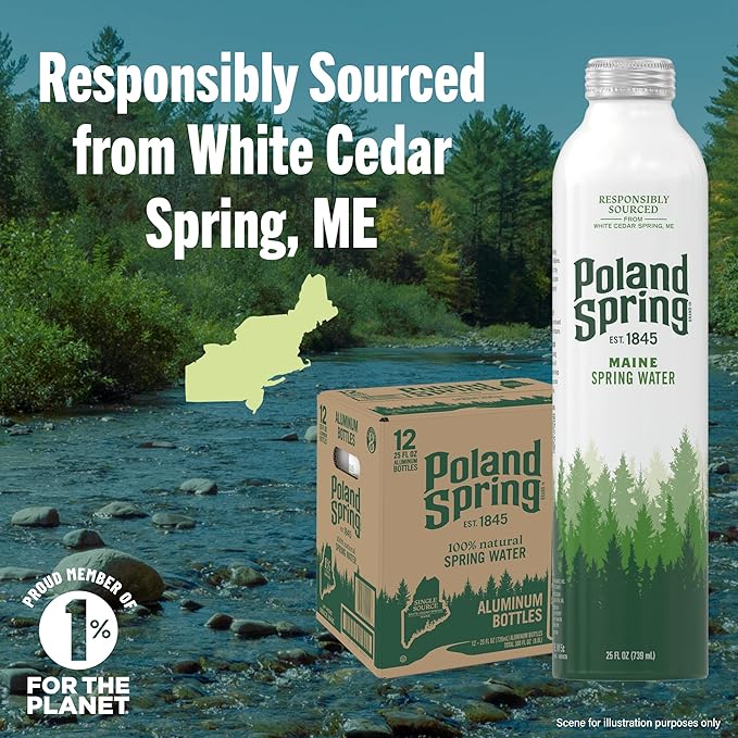 Poland Spring Maine Spring Water Aluminum Bottle – Crisp, Still Bottled Water with Naturally Occurring Minerals & Electrolytes for Taste - 12 Pack- 25 fl oz