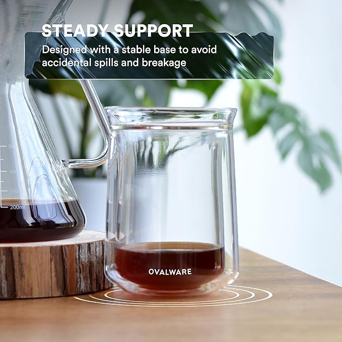 ovalware Double Wall Single Lip Insulated Glass Cup, Set of 2 (12oz / 350ml) - Borosilicate Glass For Coffee, Tea, Whiskey, Cocktails & All Beverages - Minimalistic & Durable Double-Wall Drinking Mug