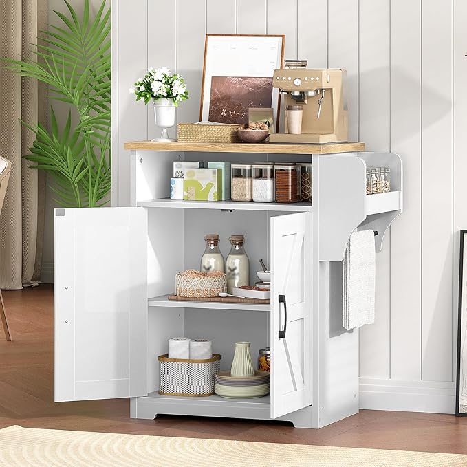 Coffee Bar Cabinet, Kitchen Island with Storage, Farmhouse Sideboard Buffet Cabinet with Dual-Purpose Floating Shelf and Hooks, for Kitchen Living Room, White and Natural KF22WN