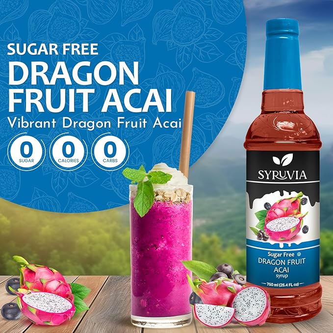 Syruvia Sugar-Free Dragon Fruit Acai Syrup, Flavored Syrup for Drinks, Cocktails, Lemonades, Iced Teas, and Desserts – 25.4 fl oz, With Pump