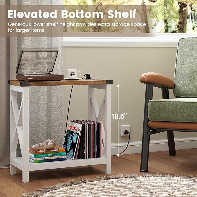 Hadulcet Farmhouse Side Table with Storage Shelf - Narrow End Table with Charging Station, Slim End Tables Living Room, Rustic X-Design Nightstand for Bedroom, Small Space, White & Brown