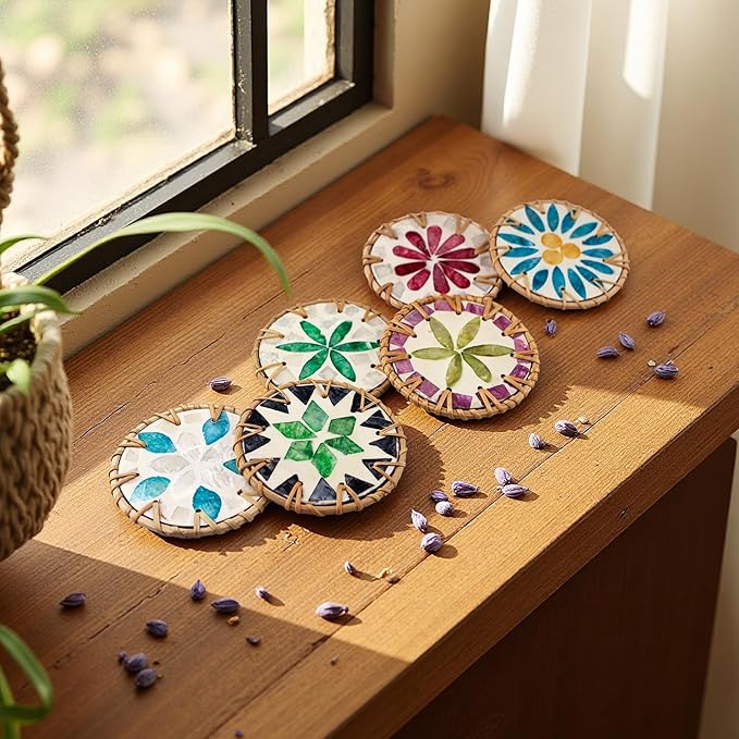 6PCS Pearl Rattan Coasters, Handmade Round Coaster, Colorful Shell Woven Coasters, for Cups, Desktop Protection, Decoration
