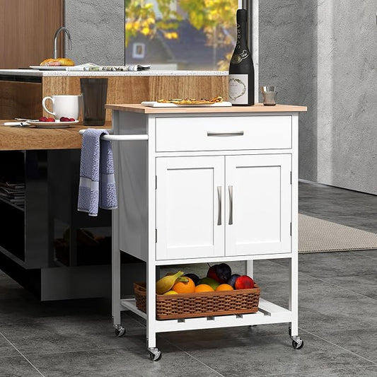 Giantex Rolling Kitchen Island Cart, Mobile Serving Cart with Drawer, 2-Door Storage Cabinet, Storage Shelf, Towel Rack, Food Prep Utility Cart on Wheels for Dining Room, Living Room (White)