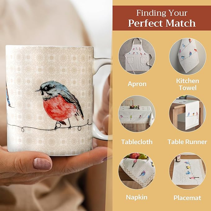 Maison d' Hermine Coffee Mug with Handles Fine Bone China Mugs Pack of One Tea Cups for Hot Beverages Cappuccino Latte Home Restaurant Office Perfect for Gift (Birdies On Wire - Robin, 12 Ounce)