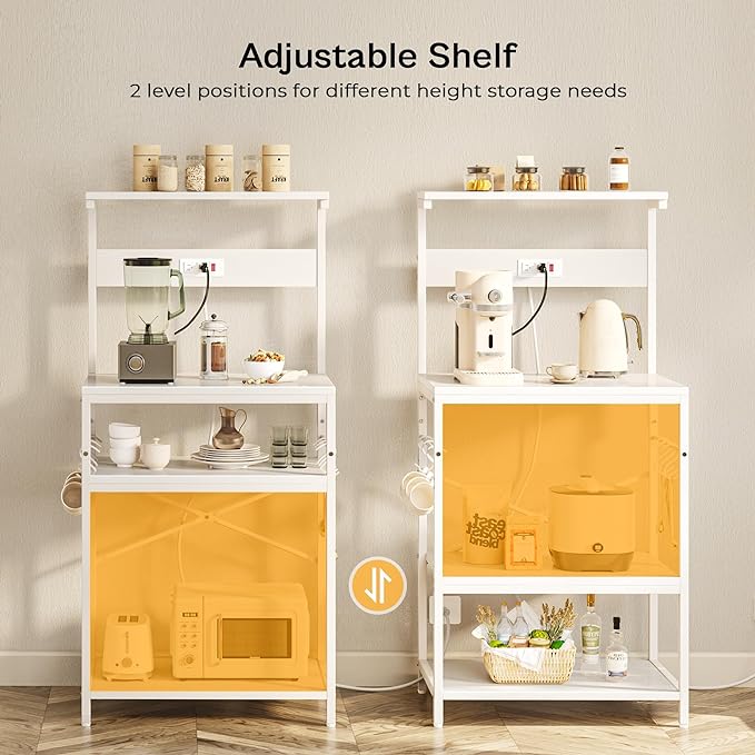 SUPERJARE Kitchen Bakers Rack with Power Outlet, Coffee Bar Table 4 Tiers, Kitchen Microwave Stand with 6 S-Shaped Hooks, Storage Shelf Rack for Spices, Pots and Pans - White