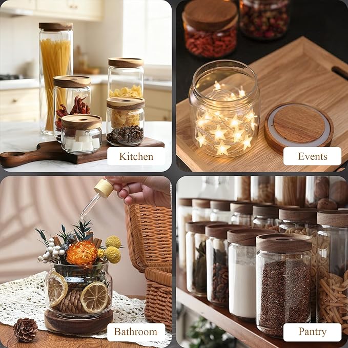 Glass Jars with Airtight Wood Lids - 17 oz Small Kitchen Pantry Storage Containers, Stackable Decorative Canisters for Chia Seed, Tea, Ground Coffee, Sugar, Spice, Salt, Matcha, Nuts, Q-Tip, Set of 2