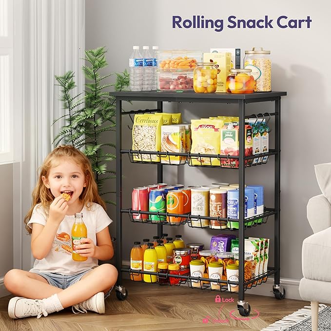SWTYMIKI Rolling Kitchen Storage Cart - 4 Tier Microwave Table Stand with 6 Storage Baskets, Coffee Bar with Wheels, Kitchen Utility Cart Shelf Rack Organizer for Fruit, Vegetables, Potato (Black)