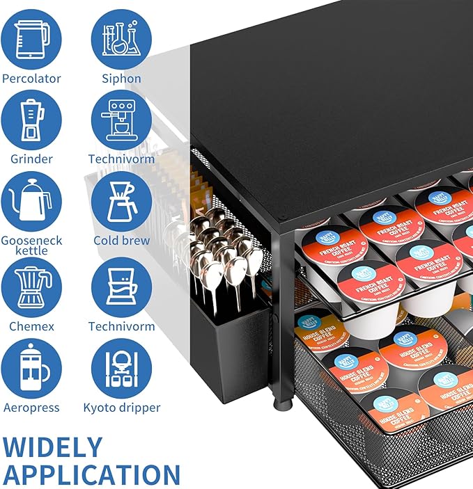 K Cup Holder Organizer, 2-Tier Coffee Pod Holder for 63 Large/80 Small Capsules with Storage Drawer & 2 Accessory Holders, Kcup Organizer for Countertop Coffee Station in Kitchen, Office, Coffee Bar