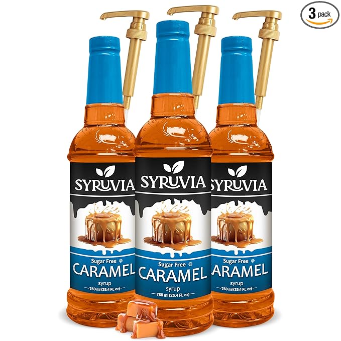 Syruvia Sugar-Free Caramel - 25.4 fl oz. Premium Coffee Flavoring Syrup. 0 Calories, Kosher, and Gluten-Free. Perfect for Drinks, Sodas, Shakes, Desserts, and More With Pump (Pack of 3)
