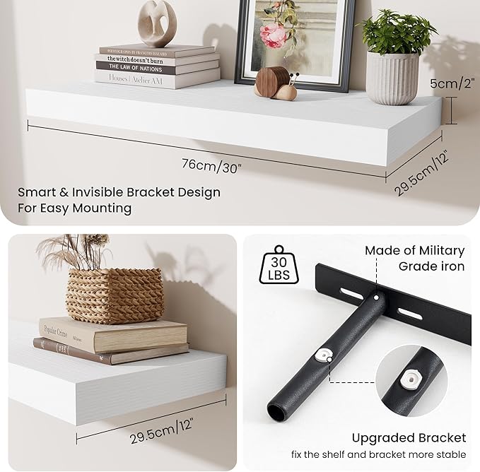 Fun Memories 12 Inch Deep Floating Shelves for Wall, 30 Inch Long Floating Shelf, 30 x 12 Shelf for Wall, Rustic Wood Bookshelves, Hanging Shelves for Bathroom Kitchen Bedroom, White, Set of 2