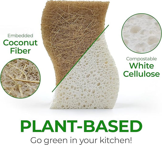 AIRNEX Biodegradable Natural Kitchen Sponge - Compostable Cellulose and Coconut Walnut Scrubber Sponge (12 Pack)