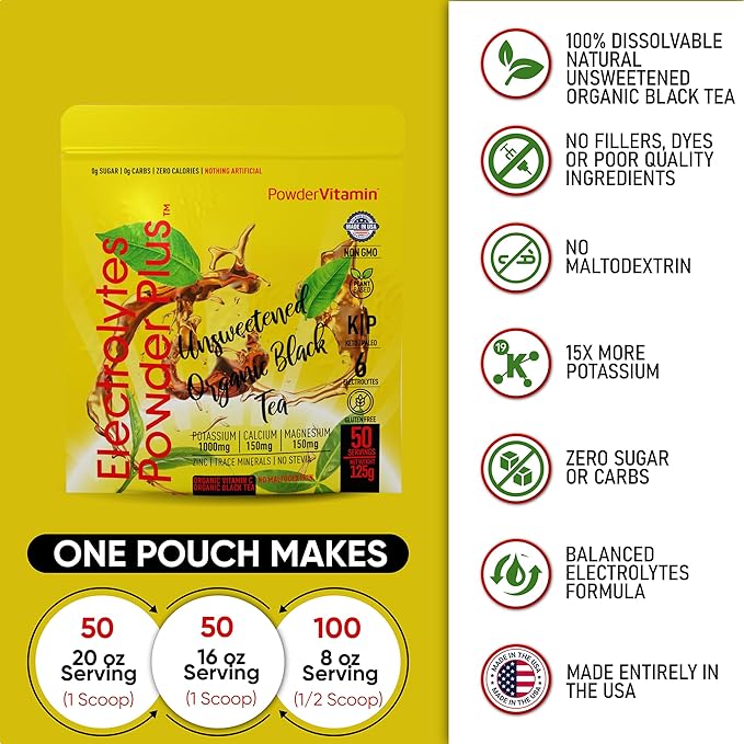 PowderVitamin Electrolytes Powder Plus (50 Servings) Unsweetened Black Tea Electrolyte Powder Keto,SugarFree, Pink Himalayan Salt,1000mgPotassium,150mgCalcium,150mgMagnesium,Hydration Powder NO STEVIA