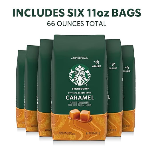 Starbucks Ground Coffee, Flavored Hot or Iced Coffee, Caramel, Six 11 oz Bags
