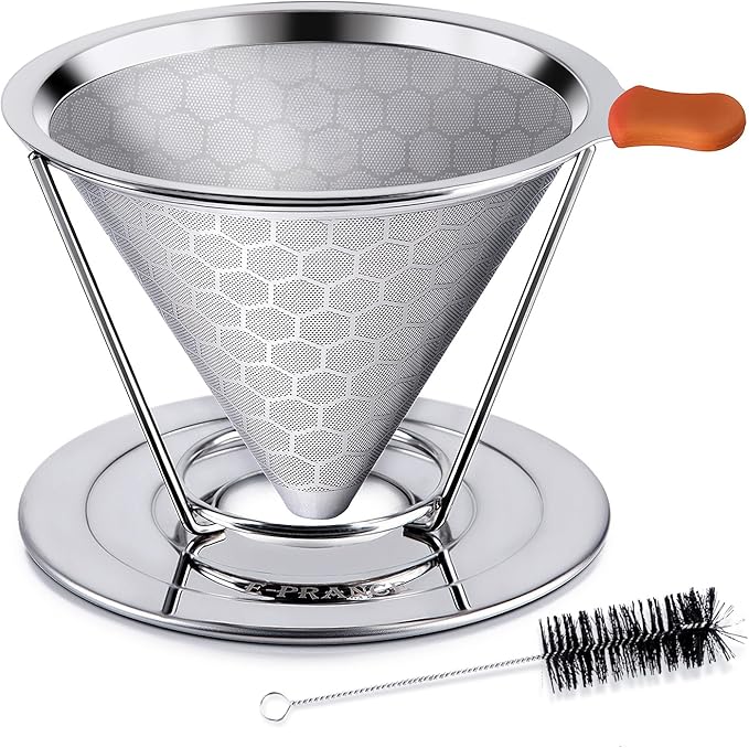 E-PRANCE Pour Over Coffee Dripper, Stainless Steel Coffee Filter Reusable Pour Over Coffee Filter Cone Coffee Dripper with Removable Cup Stand and Bonus Brush