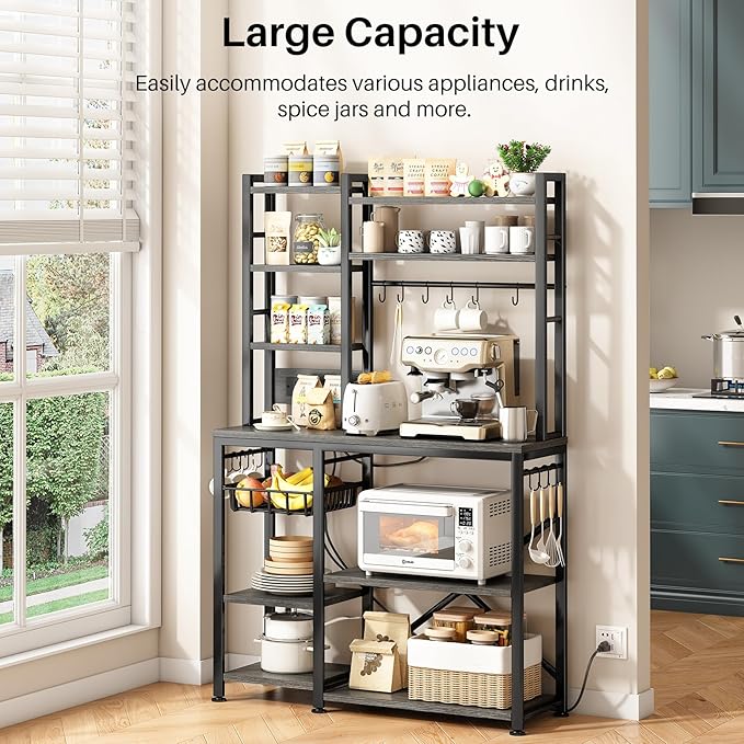 SNTD Baker Rack with Power Outlet - Microwave Stand with Storage, Large Coffee Bar Station with 14 Hooks, Metal Kitchen Shelf Rack for Spices, Pots (Rustic Grey)