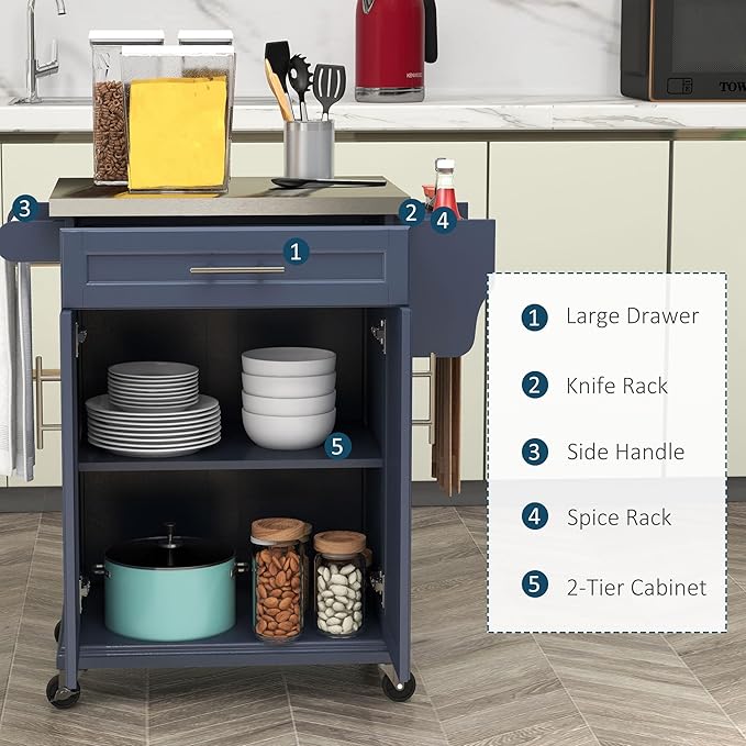 HOMCOM Kitchen Island on Wheels, Rolling Kitchen Cart with Stainless Steel Countertop, Drawer, Towel Rack and Spice Rack, Utility Storage Trolley, Deep Blue