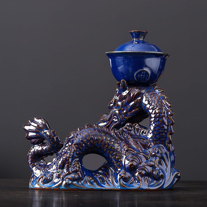 Semi Automatic Tea Set Ceramic Teapot with Infuser Magic Teapot with 8 cups Gradient Color (Dark Blue Dragon-C)