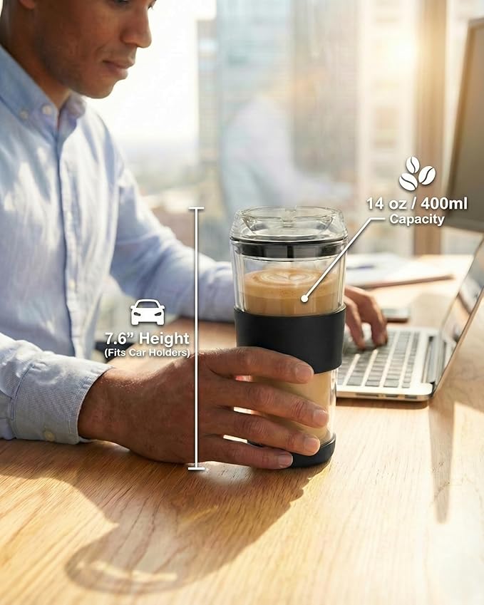 14oz Double Walled Glass Coffee Tumbler with Full Glass Lid & Silicone Sleeve - Non-Slip Insulated Travel Mug with Protective Bottom Bumper - 100% Plastic-Free