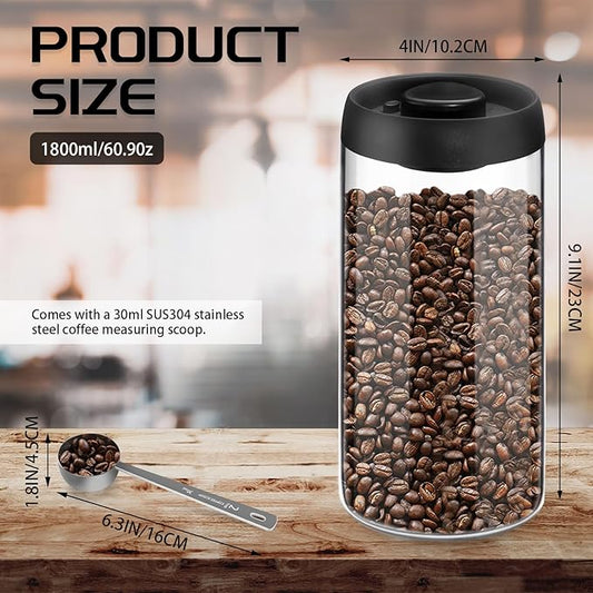 Vacuum Coffee Canister for Coffee Bean Storage, 1.8L/60.9oz Airtight Coffee Storage Container, Glass Manual Vacuum Seal Coffee Container with Scoop for Bean, Ground, Tea