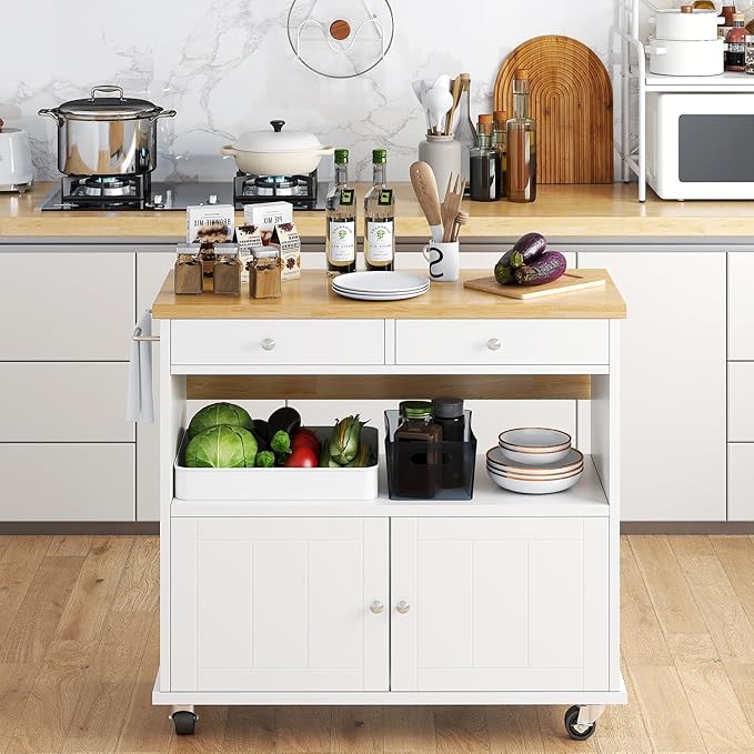 Rolling Kitchen Island with Folding Drop Leaf Breakfast Bar, 35.4'' W Kitchen Cart with Storage Cabinet and 2 Drawers, Portable Mobile Kitchen Island Table with Towel Rack, Lockable Wheels, White
