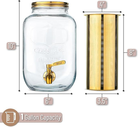 BTaT- 1 Gallon Cold Brew Coffee Maker, Thick Glass Pitcher with Stainless Steel Filter, Lid & Spigot, Iced Coffee & Sun Tea Brewer, Large Mason Jar Cold Brew Container, Fast Iced Tea Maker for Fridge
