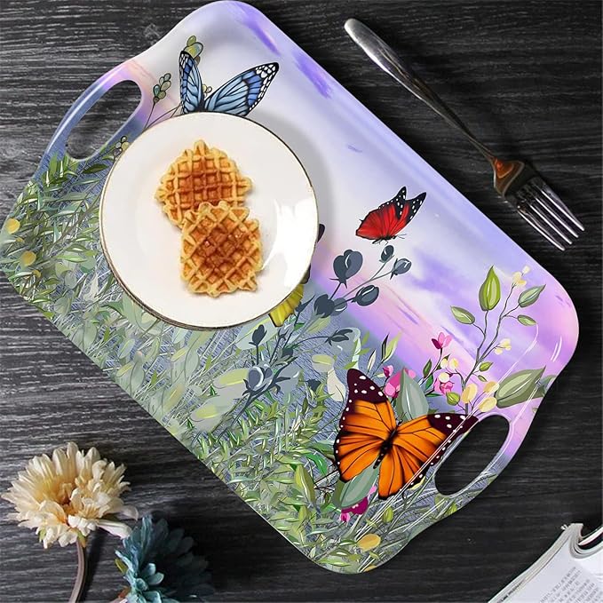 Serving Tray Decorative Tray with Handles Multi-Purpose Rectangular Serving Trays for Restaurant, Parties, Coffee Table, Kitchen - Butterfly Flying Flower