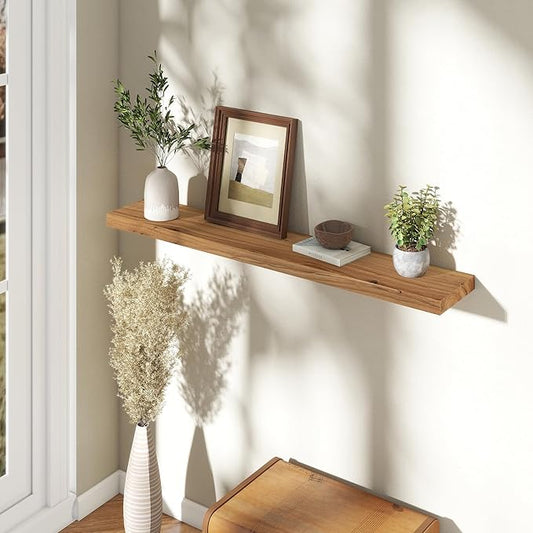 48 Inch Floating Shelves, Rustic Elm Wood Wall Shelves for Farmhouse, Bedroom, Kitchen, Wall-Mounted Long Floating Shelf Heavy-Duty Bracket, Solid Wood Shelf Set of 1 for Home Decor Display, Natural
