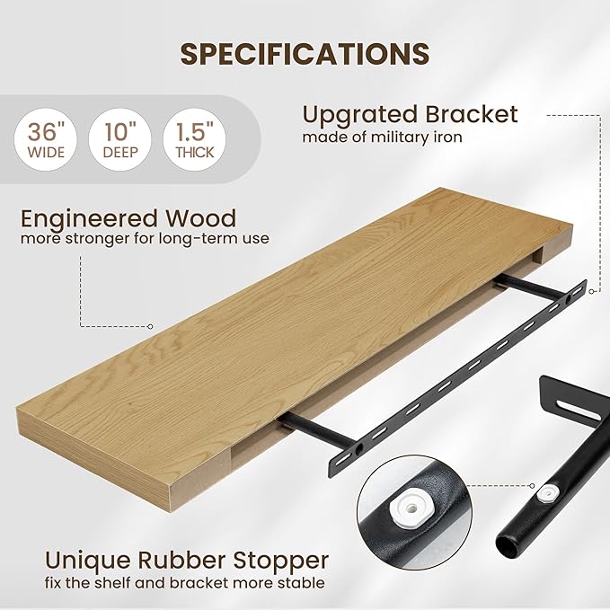Fun Memories Floating Shelves for Wall 36 Inches, Wood Shelves with Invisible Bracket, 10" Deep Shelves Wall Mounted, Large Wood Floating Shelves for Living Room Bathroom, Oak, Set of 2