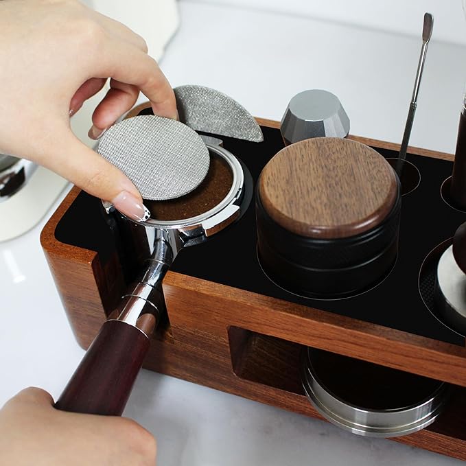 Espresso Tamping Station,9 in 1 Espresso Station,Multifunctional Tamper Station Fit for 51/54mm Espresso Accessories,Wooden Espresso Station,Adjustable Height Portafilter Holder (Red Black, 51mm-58mm)