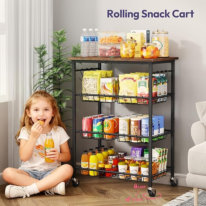 SWTYMIKI Rolling Kitchen Storage Cart - 4 Tier Microwave Table Stand with 6 Storage Baskets, Coffee Bar with Wheels, Kitchen Utility Cart Shelf Rack Organizer for Fruit, Vegetables, Potato (Brown)