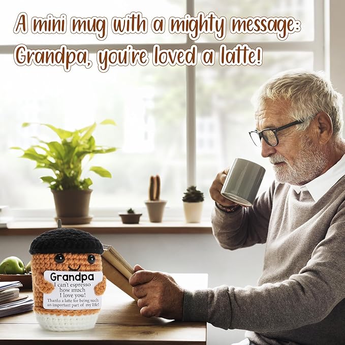 Mini Coffee Grandpa Gifts from Granddaughter Grandson Grandkids, Birthday Fathers Day Handmade Crochet I Love You Grandfather Gifts for Grandpa, Emotional Positive Crochet Coffee Decor Gift