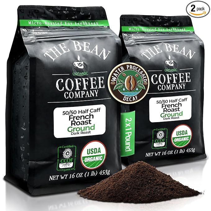The Bean Organic Coffee Company 50/50 (Half Caff) French Roast, 50% Decaf, Dark Roast, Ground Coffee, 16-Ounce Bags (Pack of 2), Café Molido Tostado Orgánico descafeinado