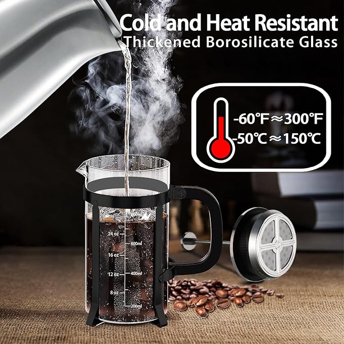 YMMIND French Press Coffee Maker 304 Stainless Steel Coffee Press,with 4 Filters System, Heat Resistant Thickness Borosilicate French Press Glass, BPA-Free Brewed Tea Pot Coffee Plunger(Copper 12oz)