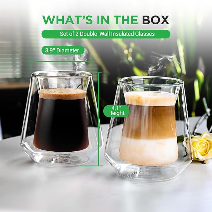 NutriChef Double Wall Insulated Glasses - 2pcs 8 oz High Borosilicate Glass Sweat Free Mugs Clear Drinkware for Hot/Cold Drinks, Coffee, Espresso, Cappuccino, Latte, Tea, Microwavable, Dishwasher Safe