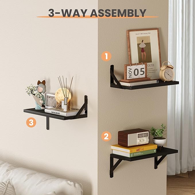 upsimples Floating Book Shelves for Wall, 15.7 Inches Wood Shelves for Living Room, Bathroom, Bedroom, Kitchen Storage and Decoration, Black