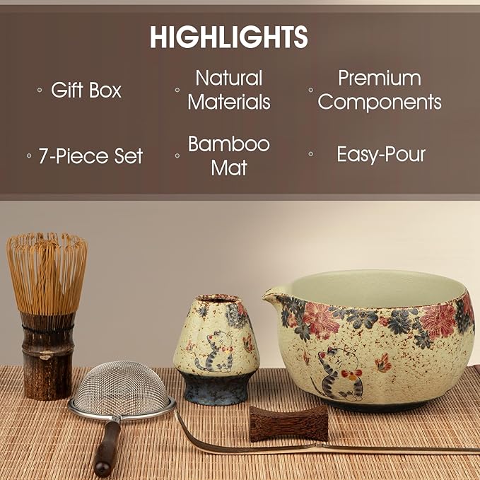 7-Piece Matcha Set with Matcha Bowl, Bamboo Whisk (Chasen) & Holder, Sifter, Tea Scoop & Rest, Special Bamboo Tea Mat - Perfect Matcha Kit for Matcha Lovers & Gift Giving, Kitty Pattern