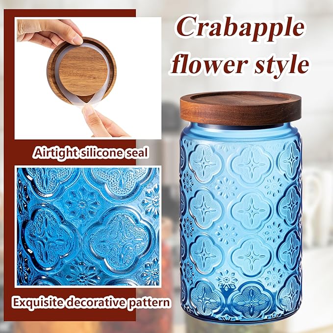 Outus 5 Pcs 23.7 oz, 33.8 oz Vintage Glass Jar with Lids Colored Glass Canisters Jars with Airtight Wooden Lids for Kitchen Counter Flour Sugar Cookie Coffee Tea Storage Containers