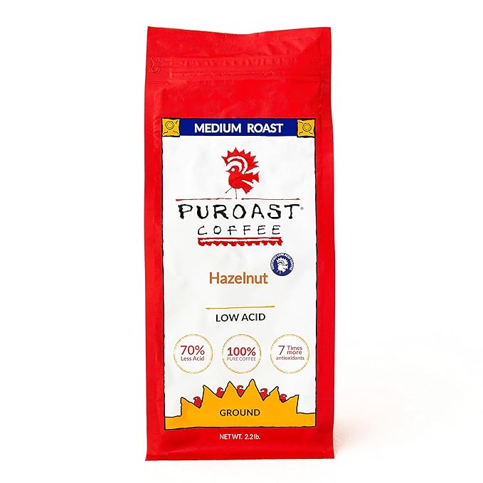 Puroast Low Acid Coffee Flavored | Hazelnut Ground | Medium Roast | High Antioxidants & High pH |No Bitter Aftertaste | Reduced Heartburn & GERD | Suitable for Cold Brew - 2.2 LB