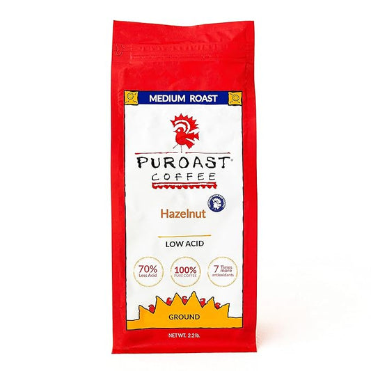 Puroast Low Acid Coffee Flavored | Hazelnut Ground | Medium Roast | High Antioxidants & High pH |No Bitter Aftertaste | Reduced Heartburn & GERD | Suitable for Cold Brew - 2.2 LB