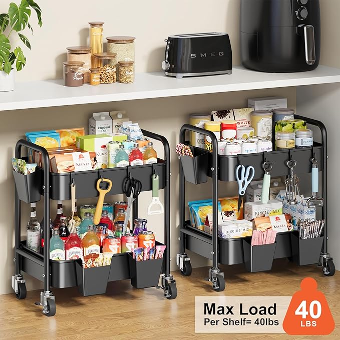 2 Tier Small Rolling Metal Cart with Wheels, Black Under Desk Storage Cart on Wheels, Short Utility Roller Carts Organizer for Pantry, Bathroom,Kitchen,Office, Two Tiered Mobile Storage Shelf Trolley