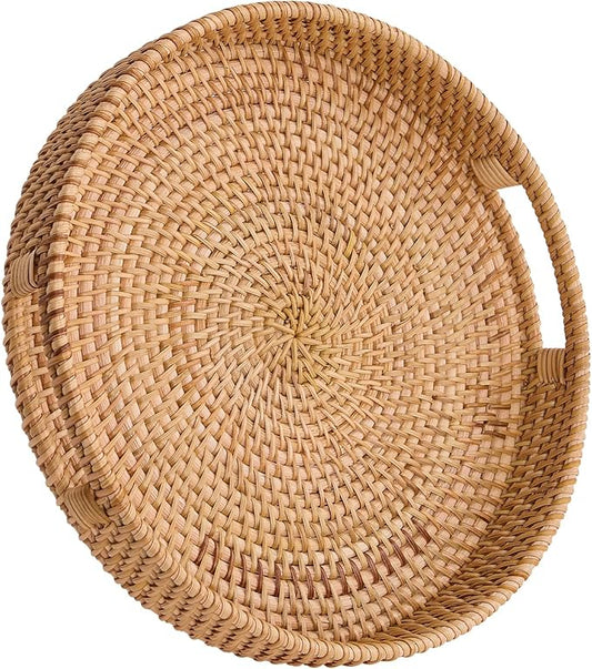 Round Rattan Serving Tray,Hand-Woven Tray with Handles, Ottoman Decorative Coffee Table Tray,Wicker Storage Basket for Tea,Fruit,Bread (Natural, 13.5")