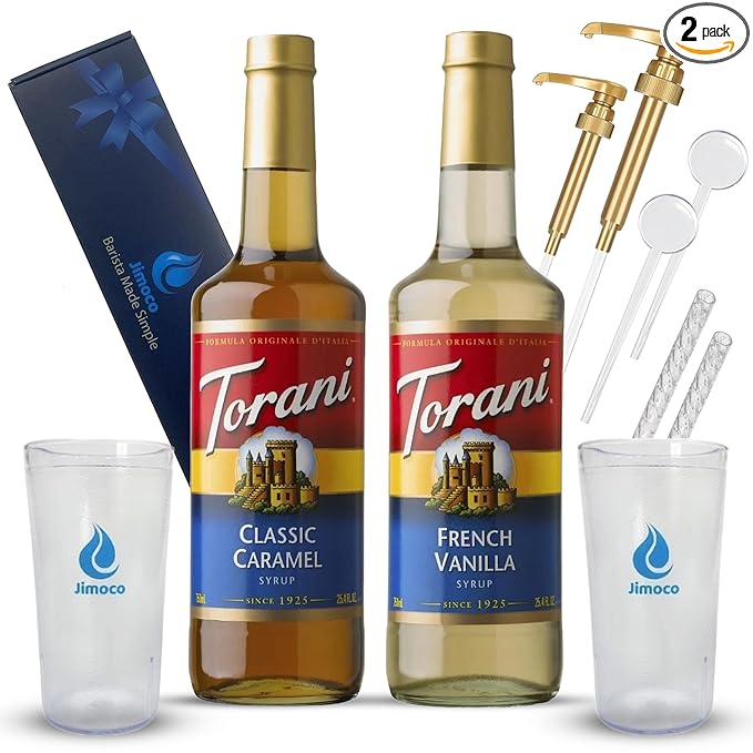 Jimoco Barista Set – Torani Caramel Classic & French Vanilla Syrups (25.4 oz Each) with 2 Jimoco Syrup Pumps, Reusable Cups, Straws & Stirrers – Coffee, Italian Soda & Cocktail Flavoring Kit