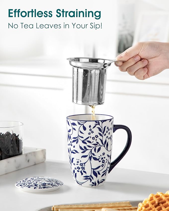 vancasso SELENE Porcelain Tea Mug, 18 oz Porcelain Tea Cup with Infuser and Lid Steeps Loose Leaf Tea, Microwave & Dishwasher Safe, Delicate Floral