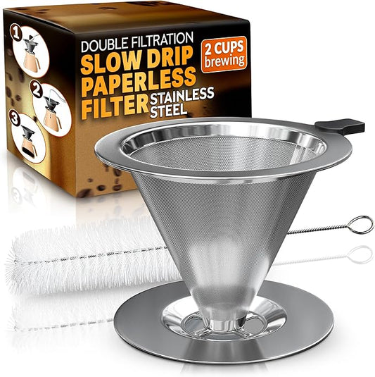 Pour Over Coffee Dripper - 3.18x4.48" Stainless Steel Pour Over Coffee Maker with Large Plastic Handle, Wide Secure Base and a Brush for Cleaning - Ensures Well-Balanced and Reach Tea Infuser