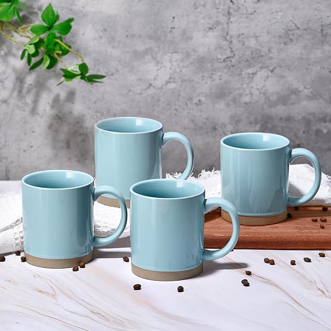15 OZ Coffee Mugs, Ceramic Coffee Mug Set for 4, Coffee Cups with Big Handle Authentic Clay Bottom Beautiful Glaze, for Latte, Cappuccino, Cocoa, Hot Tea, Mocha, Modern Home Drinkware Set, Turquoise