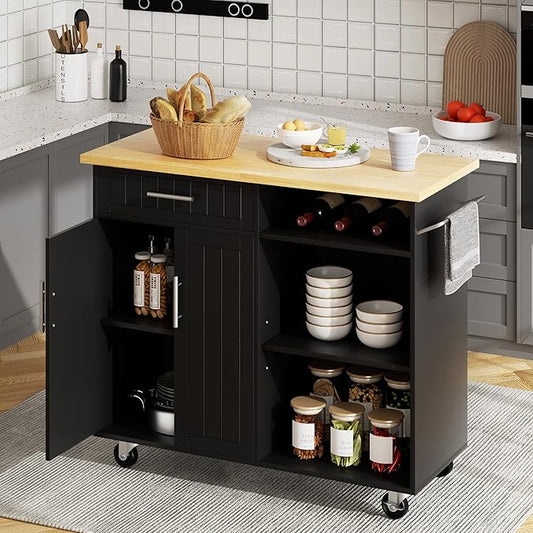 SUNLEI Kitchen Island Cart on Wheels with Storage Cabinet & Drawer, 42" Multifunction Kitchen Cart Cabinet with Shelves, Cart Handle for Towel Rack or Free Mobility,Black