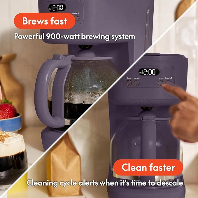 bella 12 Cup Programmable Coffee Marker, Reusable Dishwasher Safe Accessories, Easy LCD diaply, Auto Shutoff, 900 watt, Plum