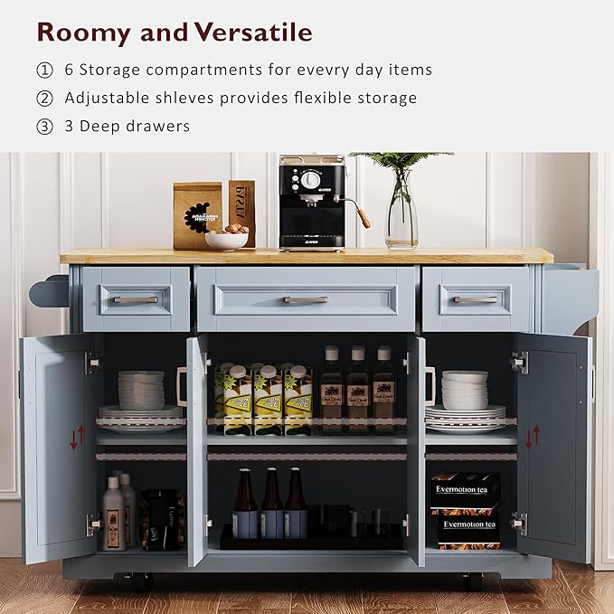 Yayzy Rolling Kitchen Island with Drop Leaf, 4 Cabinet Doors, 3 Drawers & Side Storage Racks, Mobile Kitchen Cart with Rubberwood Top & Locking Wheels for Dining Room & Kitchen, 54-Inch, Grey Blue