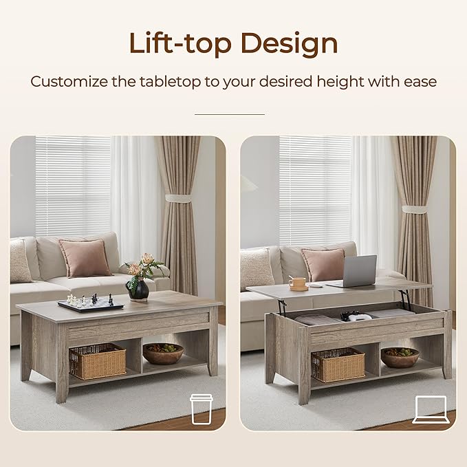 Yaheetech Lift Top Coffee Table with Hidden Storage Compartment & Lower Shelf, Lift Tabletop Farmhouse Table for Living Room Office Reception, 47.5in L, Gray